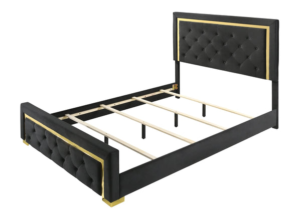 English Elm Contemporary Glam Queen Fabric Upholstered Panel Bed with Gold Accents, Button-Tufted Elegance, Modern Centerpiece Black 82.9 L x 40 W x 8.5 H B011S00759