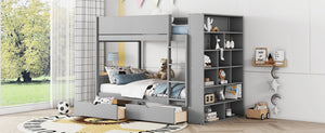 English Elm Twin Over Kids Bunk Bed Pinewood Frame with Built-in Drawers and Cabinet Storage Gray LT000768AAE