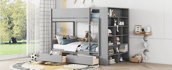 English Elm Twin Over Kids Bunk Bed Pinewood Frame with Built-in Drawers and Cabinet Storage Gray LT000768AAE