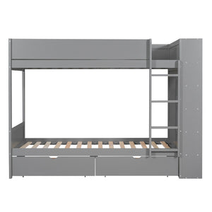 English Elm Twin Over Kids Bunk Bed Pinewood Frame with Built-in Drawers and Cabinet Storage Gray LT000768AAE