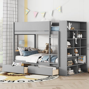 English Elm Twin Over Kids Bunk Bed Pinewood Frame with Built-in Drawers and Cabinet Storage Gray LT000768AAE