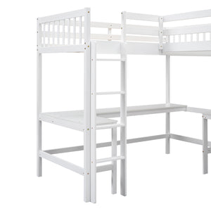 English Elm Wood Twin Loft Bed with Ladders and Dual Built-In L-Shaped Desks for Study & Sleepovers Perfect for Family Retreats White GX000444AAK