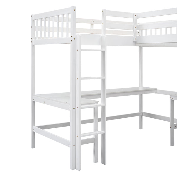English Elm Wood Twin Loft Bed with Ladders and Dual Built-In L-Shaped Desks for Study & Sleepovers Perfect for Family Retreats White GX000444AAK