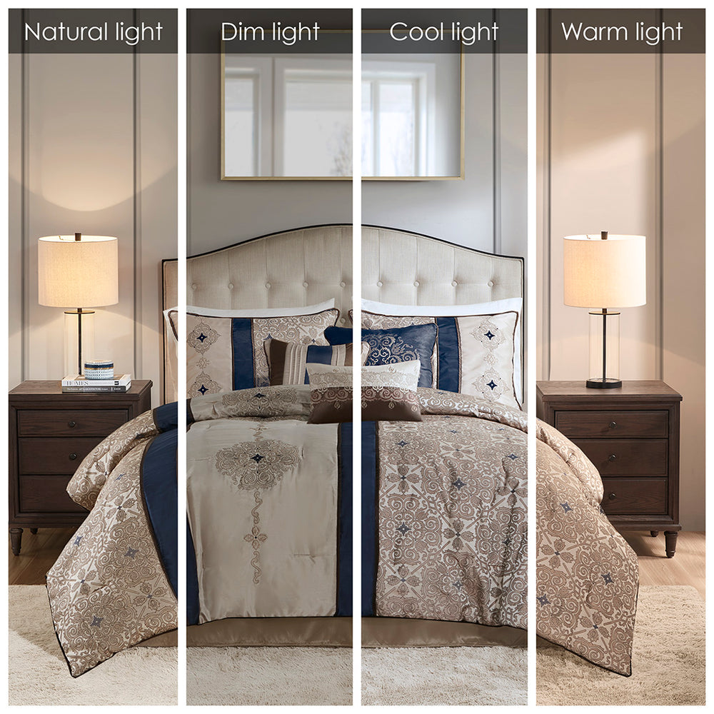 English Elm King Madison Park Donovan 7-Piece Jacquard Comforter Set Navy Taupe Ivory Brown Embroidered Medallions B03596994