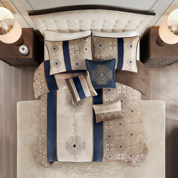 English Elm Cal King Madison Park Donovan 7-Piece Jacquard Comforter Set in Navy Taupe Ivory Brown with Embroidered Medallions and Decorative Pillows B03596995