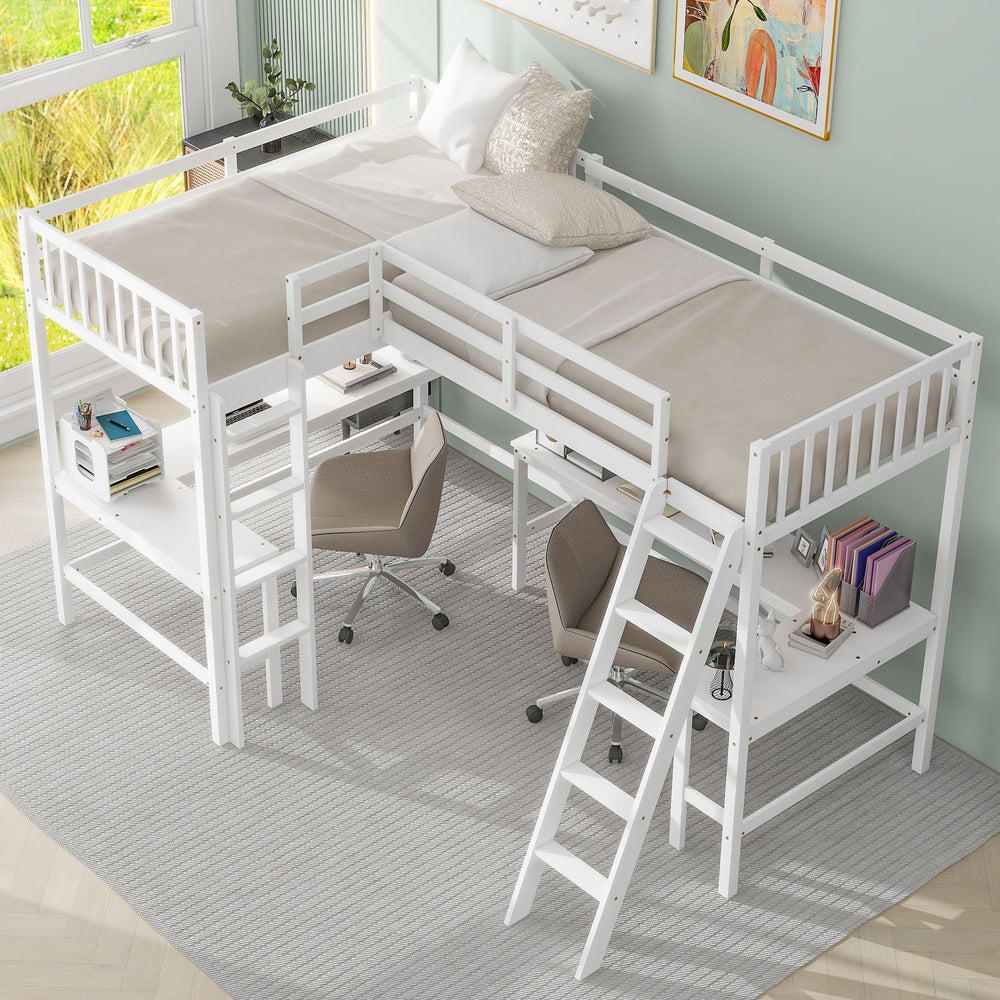 English Elm Wood Twin Loft Bed with Ladders and Dual Built-In L-Shaped Desks for Study & Sleepovers Perfect for Family Retreats White GX000444AAK