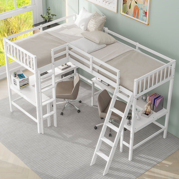 English Elm Wood Twin Loft Bed with Ladders and Dual Built-In L-Shaped Desks for Study & Sleepovers Perfect for Family Retreats White GX000444AAK