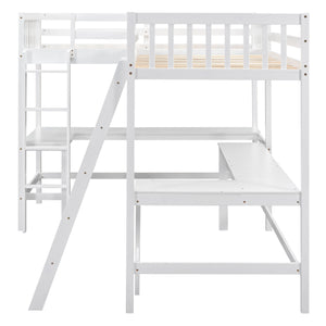 English Elm Wood Twin Loft Bed with Ladders and Dual Built-In L-Shaped Desks for Study & Sleepovers Perfect for Family Retreats White GX000444AAK