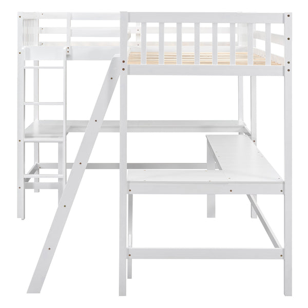 English Elm Wood Twin Loft Bed with Ladders and Dual Built-In L-Shaped Desks for Study & Sleepovers Perfect for Family Retreats White GX000444AAK
