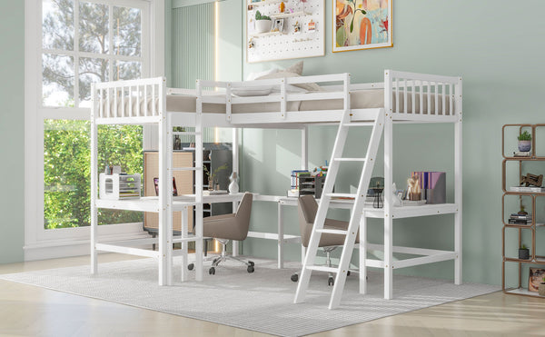English Elm Wood Twin Loft Bed with Ladders and Dual Built-In L-Shaped Desks for Study & Sleepovers Perfect for Family Retreats White GX000444AAK