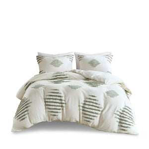 English Elm Full/Queen Cotton Blend Chenille Duvet Cover Set in Green+Ivory — Tufted Texture, OEKO-TEX Safe Finish B035P148278