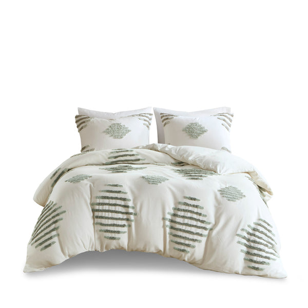 English Elm Full/Queen Cotton Blend Chenille Duvet Cover Set in Green+Ivory — Tufted Texture, OEKO-TEX Safe Finish B035P148278