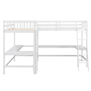 English Elm Wood Twin Loft Bed with Ladders and Dual Built-In L-Shaped Desks for Study & Sleepovers Perfect for Family Retreats White GX000444AAK