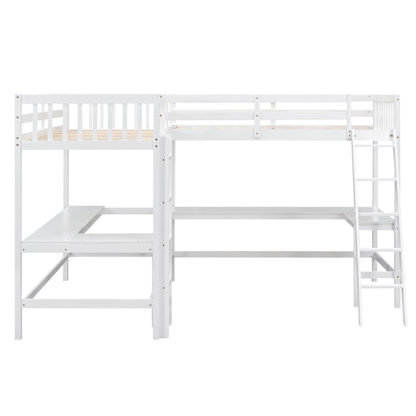 English Elm Wood Twin Loft Bed with Ladders and Dual Built-In L-Shaped Desks for Study & Sleepovers Perfect for Family Retreats White GX000444AAK
