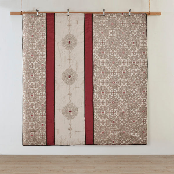 English Elm Cal King Donovan Red Jacquard 7-Piece Comforter Set with Embroidered Taupe Accents, Pillows, Bedskirt B03597223