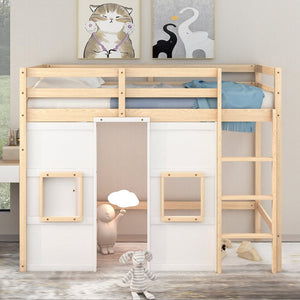 English Elm Wood Twin Loft Bed with Built-In Wardrobe, Play Space Below, Sturdy Pine & MDF Frame, Safe Design Natural+White GX000443AAK