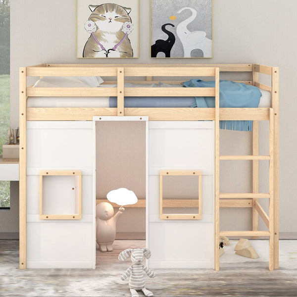 English Elm Wood Twin Loft Bed with Built-In Wardrobe, Play Space Below, Sturdy Pine & MDF Frame, Safe Design Natural+White GX000443AAK