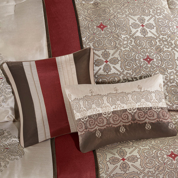 English Elm Cal King Donovan Red Jacquard 7-Piece Comforter Set with Embroidered Taupe Accents, Pillows, Bedskirt B03597223