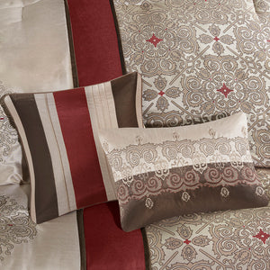 English Elm Queen Donovan Red Jacquard 7-Piece Comforter Set with Embroidered Taupe Accents, Shams & Pillows B03597220