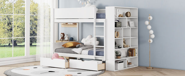 English Elm Twin Over Kids Bunk Bed Pinewood Frame with Built-in Drawers and Cabinet Storage White LT000768AAK