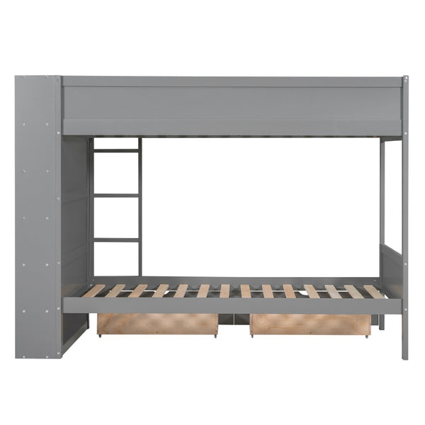 English Elm Twin Over Kids Bunk Bed Pinewood Frame with Built-in Drawers and Cabinet Storage Gray LT000768AAE