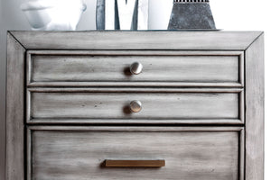 English Elm Modern Gray Finish Nightstand with Hidden Drawer & Felt-Lined Top, Carved Details, Nickel Knobs B011P144702