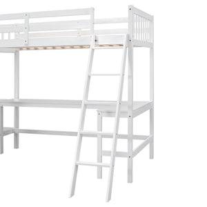 English Elm Wood Twin Loft Bed with Ladders and Dual Built-In L-Shaped Desks for Study & Sleepovers Perfect for Family Retreats White GX000444AAK