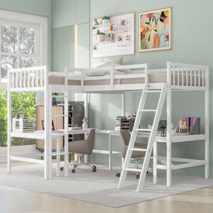 English Elm Wood Twin Loft Bed with Ladders and Dual Built-In L-Shaped Desks for Study & Sleepovers Perfect for Family Retreats White GX000444AAK