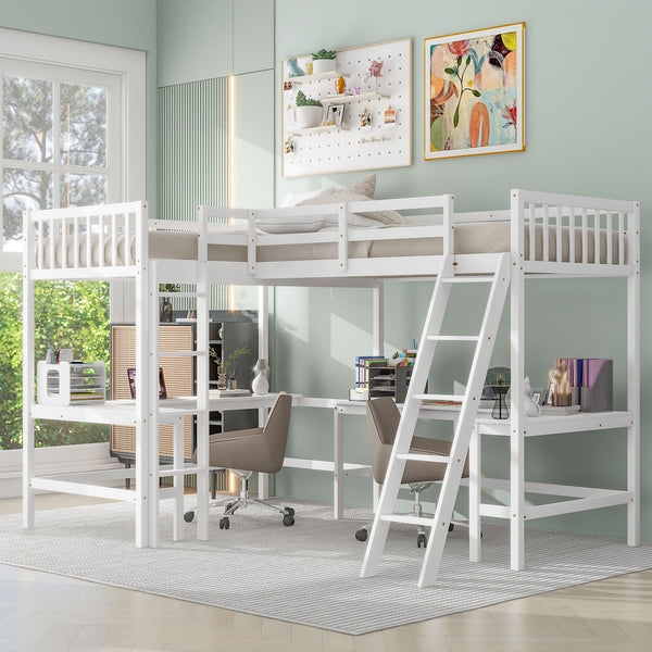 English Elm Wood Twin Loft Bed with Ladders and Dual Built-In L-Shaped Desks for Study & Sleepovers Perfect for Family Retreats White GX000444AAK