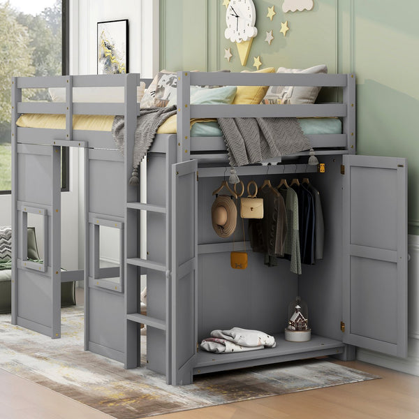 English Elm Wood Twin Loft Bed with Built-In Wardrobe, Play Space Below, Sturdy Pine & MDF Frame, Safe Design Gray GX000443AAE