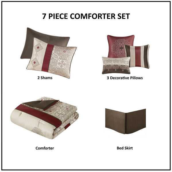 English Elm Cal King Donovan Red Jacquard 7-Piece Comforter Set with Embroidered Taupe Accents, Pillows, Bedskirt B03597223