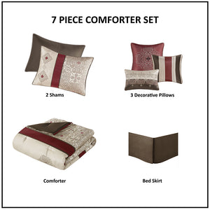 English Elm Queen Donovan Red Jacquard 7-Piece Comforter Set with Embroidered Taupe Accents, Shams & Pillows B03597220