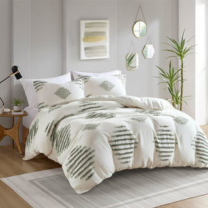English Elm Full/Queen Cotton Blend Chenille Duvet Cover Set in Green+Ivory — Tufted Texture, OEKO-TEX Safe Finish B035P148278