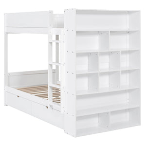 English Elm Twin Over Kids Bunk Bed Pinewood Frame with Built-in Drawers and Cabinet Storage White LT000768AAK