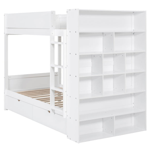 English Elm Twin Over Kids Bunk Bed Pinewood Frame with Built-in Drawers and Cabinet Storage White LT000768AAK