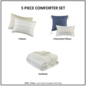 English Elm 5 Piece Printed Seersucker Comforter Set with Tassel Pillows, Reversible Antimicrobial Farmhouse Chic Taupe+Blue 18.11 L x 23.23 W x 10.63 H B035128860
