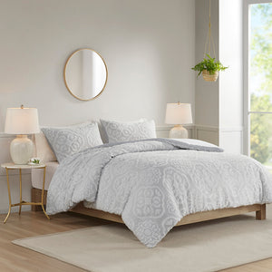 English Elm King/Cal Tufted Woven Medallion Duvet Cover Set - Shabby Chic Farmhouse Grey, Button Closure, 3pc B035129154
