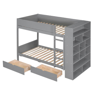 English Elm Twin Over Kids Bunk Bed Pinewood Frame with Built-in Drawers and Cabinet Storage Gray LT000768AAE