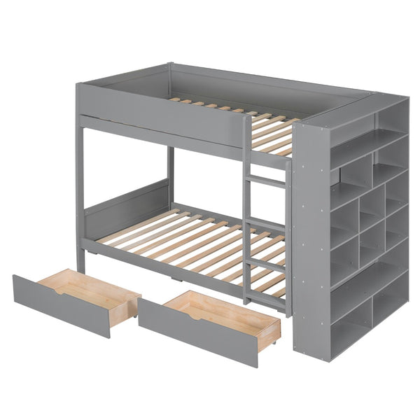 English Elm Twin Over Kids Bunk Bed Pinewood Frame with Built-in Drawers and Cabinet Storage Gray LT000768AAE