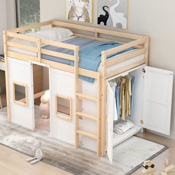 English Elm Wood Twin Loft Bed with Built-In Wardrobe, Play Space Below, Sturdy Pine & MDF Frame, Safe Design Natural+White GX000443AAK