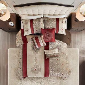 English Elm Cal King Donovan Red Jacquard 7-Piece Comforter Set with Embroidered Taupe Accents, Pillows, Bedskirt B03597223