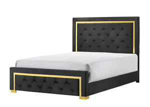English Elm Contemporary Glam Queen Fabric Upholstered Panel Bed with Gold Accents, Button-Tufted Elegance, Modern Centerpiece Black 82.9 L x 40 W x 8.5 H B011S00759