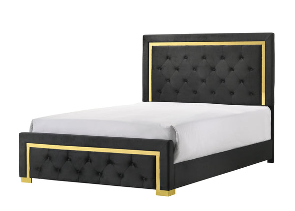 English Elm Contemporary Glam Queen Fabric Upholstered Panel Bed with Gold Accents, Button-Tufted Elegance, Modern Centerpiece Black 82.9 L x 40 W x 8.5 H B011S00759