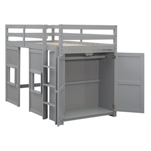 English Elm Wood Twin Loft Bed with Built-In Wardrobe, Play Space Below, Sturdy Pine & MDF Frame, Safe Design Gray GX000443AAE