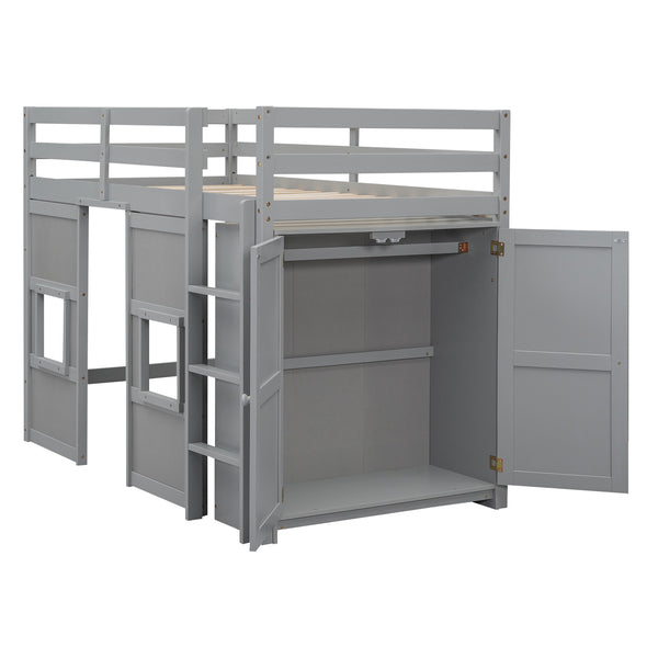 English Elm Wood Twin Loft Bed with Built-In Wardrobe, Play Space Below, Sturdy Pine & MDF Frame, Safe Design Gray GX000443AAE