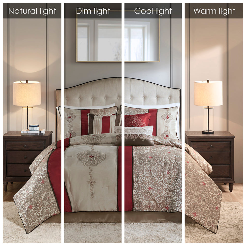 English Elm Queen Donovan Red Jacquard 7-Piece Comforter Set with Embroidered Taupe Accents, Shams & Pillows B03597220