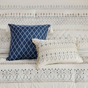 English Elm 5 Piece Printed Seersucker Comforter Set with Tassel Pillows, Reversible Antimicrobial Farmhouse Chic Taupe+Blue 18.11 L x 23.23 W x 10.63 H B035128860