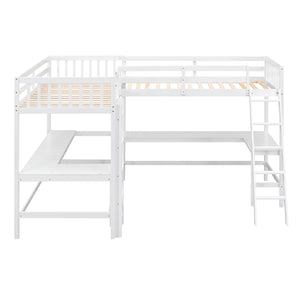 English Elm Wood Twin Loft Bed with Ladders and Dual Built-In L-Shaped Desks for Study & Sleepovers Perfect for Family Retreats White GX000444AAK