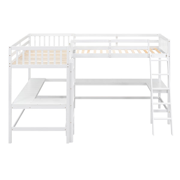 English Elm Wood Twin Loft Bed with Ladders and Dual Built-In L-Shaped Desks for Study & Sleepovers Perfect for Family Retreats White GX000444AAK