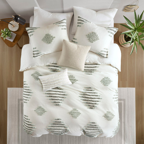 English Elm King/Cal Green+Ivory 3-Piece Cotton Blend Chenille Duvet Cover Set – Tufted Texture, OEKO-TEX Safe, Button Closure B035P148277